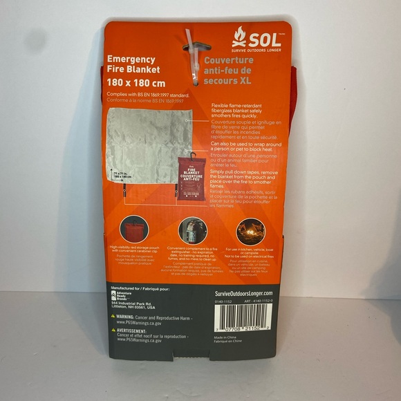 NEW: SOL Emergency Fire Safe Fire Blanket 5.9 x 5.9' 180x 180 cm XL - Picture 2 of 3